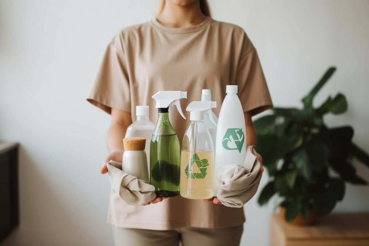 A person holding refillable and recyclable eco-friendly cleaning products