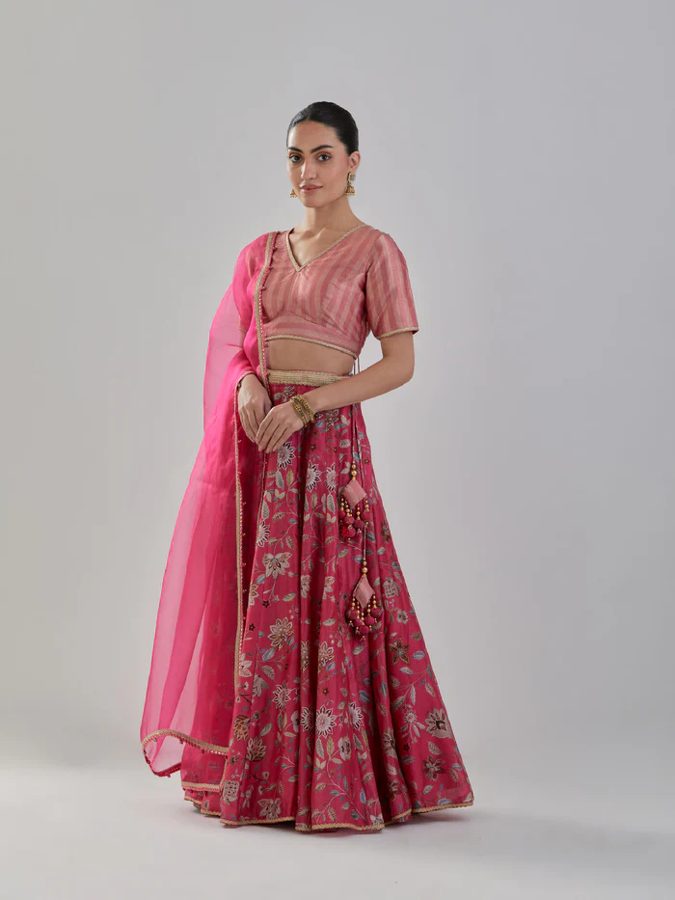 Fuchsia Floral Chanderi Lehenga Set With Organza Dupatta