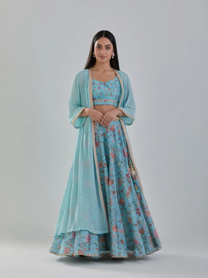 Aqua Floral Chanderi Printed Lehenga Set With Cape