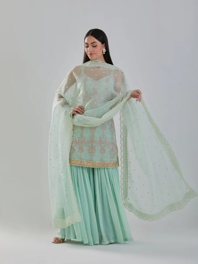 Mint Green Embroidered Sharara Set With Organza Dupatta