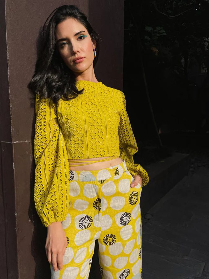Lime Schiffli Cut Work Crop Top