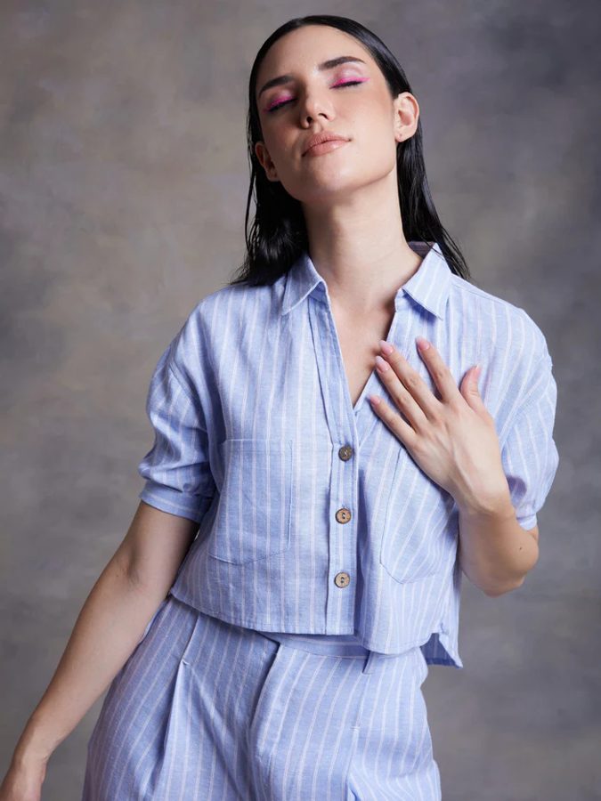 Sky Blue Pinstripe Linen Crop Top