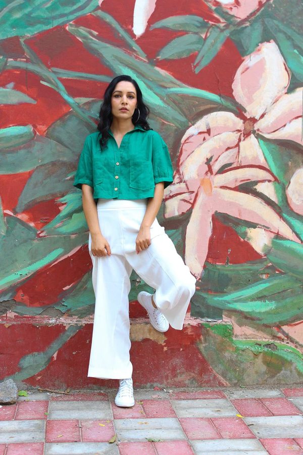 Bottle Green Linen Crop Top