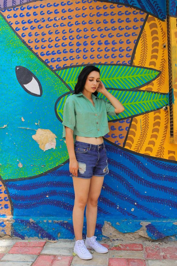 Pistachio Green Linen Crop Top
