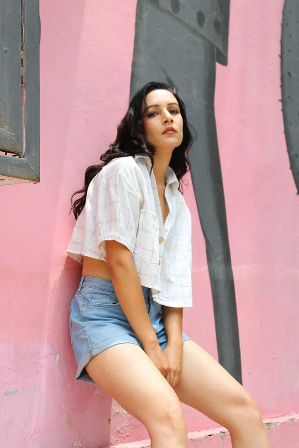 White Checkered Linen Crop Top