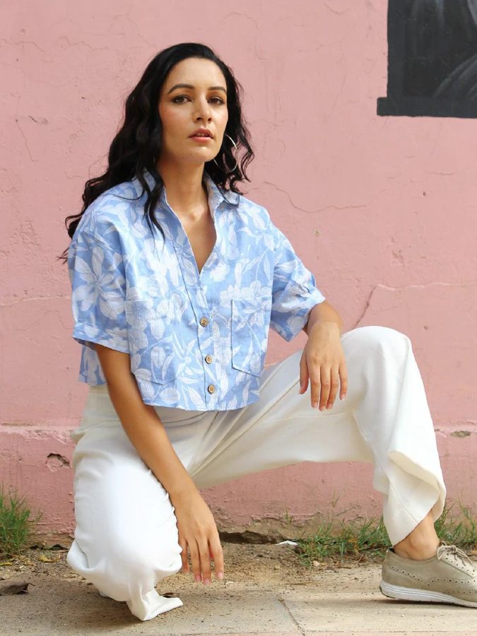Sky Blue Floral Linen Crop Top
