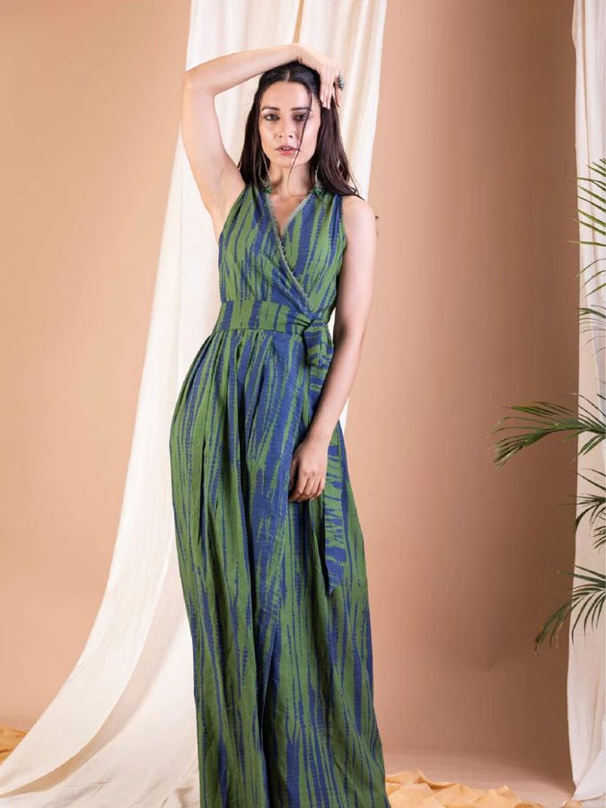 Kaya Olive Green Indigo Tie Dye Long Wrap Dress