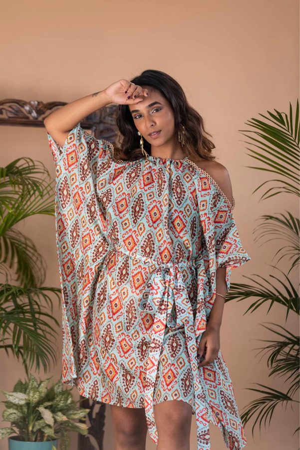 Zuhi Mint Ikat Cold Shoulder Short Kaftan