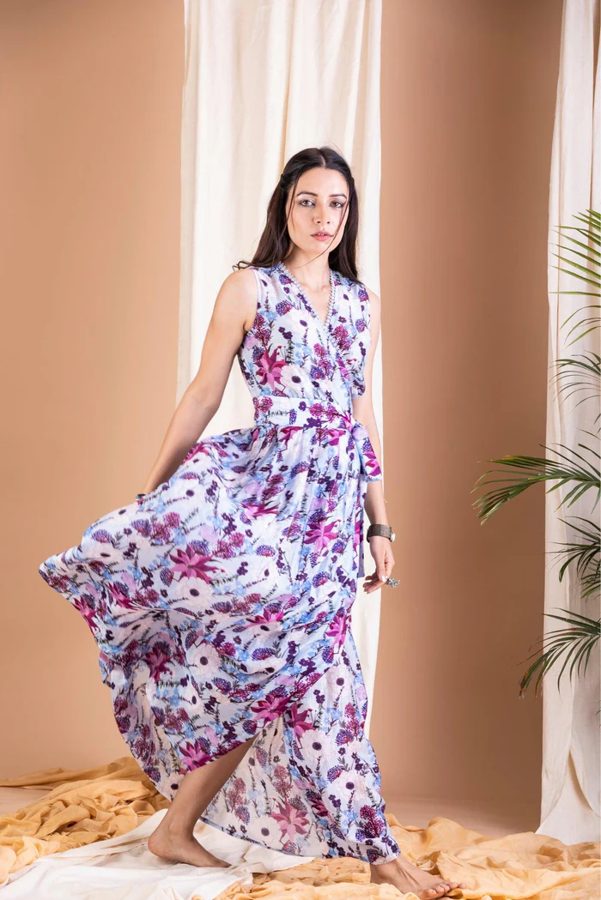 Nazaha Lilac Floral Long Wrap Dress