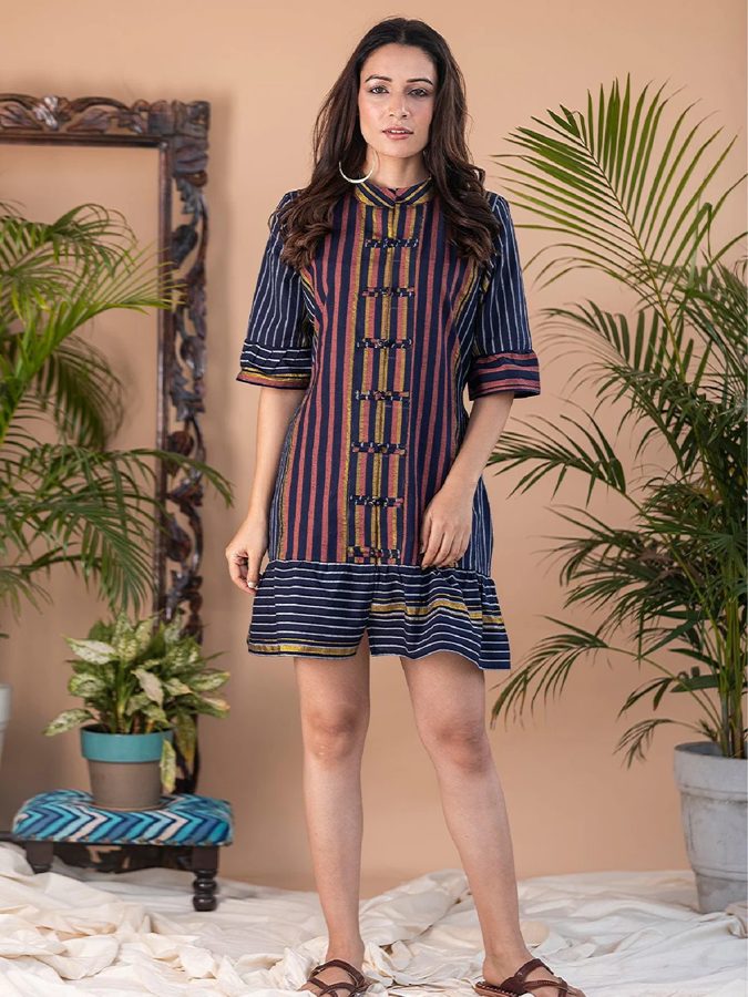 Kaira Navy Blue/Peach Stripes Mandarin Collar Dress
