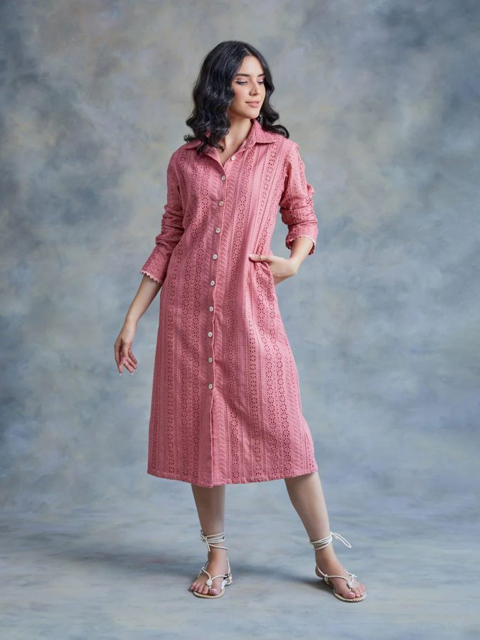 Salmon Cut Work Midi Shirt Dress