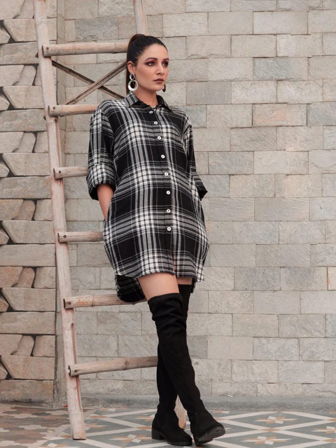 Black Checkered Shirt Dress