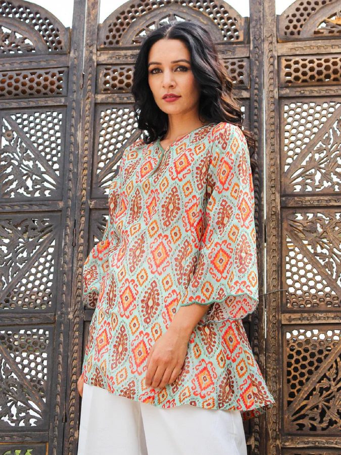 Mint Ikat Printed Chanderi Kurta