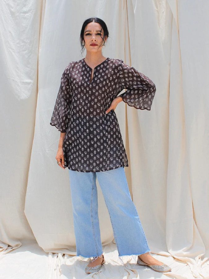 Black Block Print Chanderi Kurta