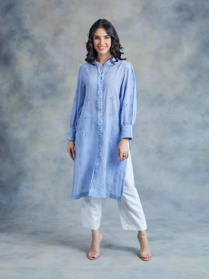 Blue Mulmul Embroidery Cut Work Kurta