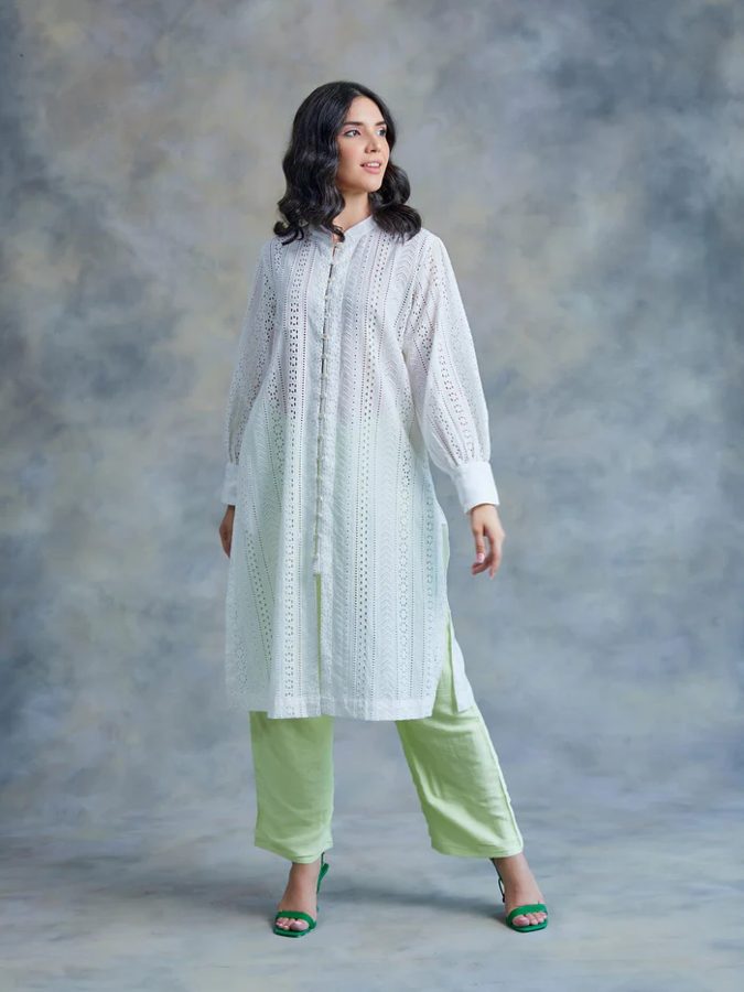 Pearl White Cut Work Schiffli Kurta