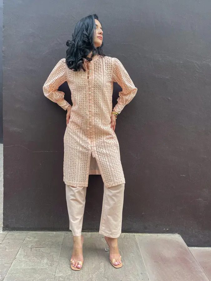 Peach Schifli Kurta