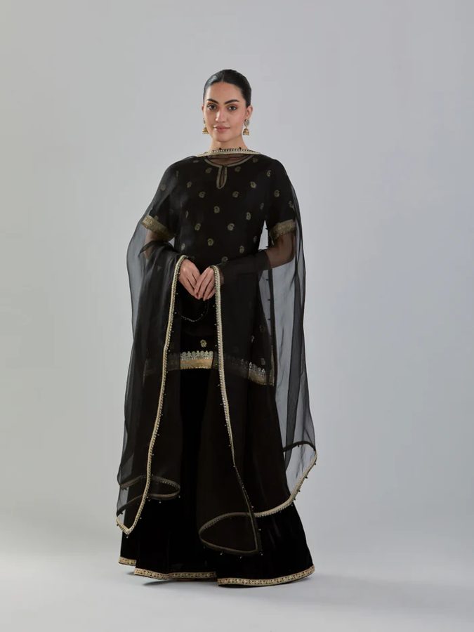 Black Embroidered Chanderi Kurta With Velvet Sharara Organza Dupatta