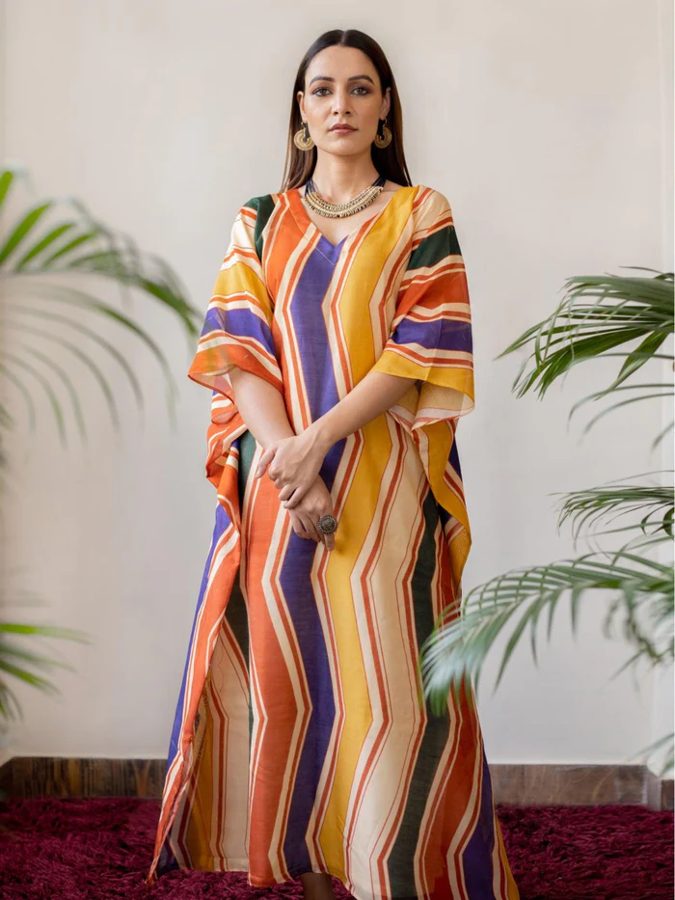 Geometric Print Chanderi Kaftan Dress