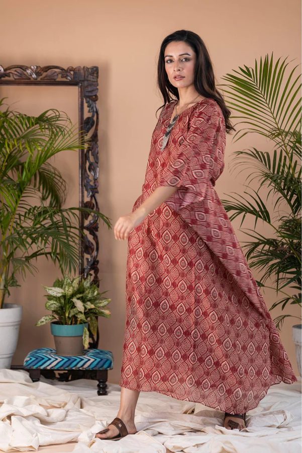 Kaner Red Ajrakh Block Print Long Kaftan