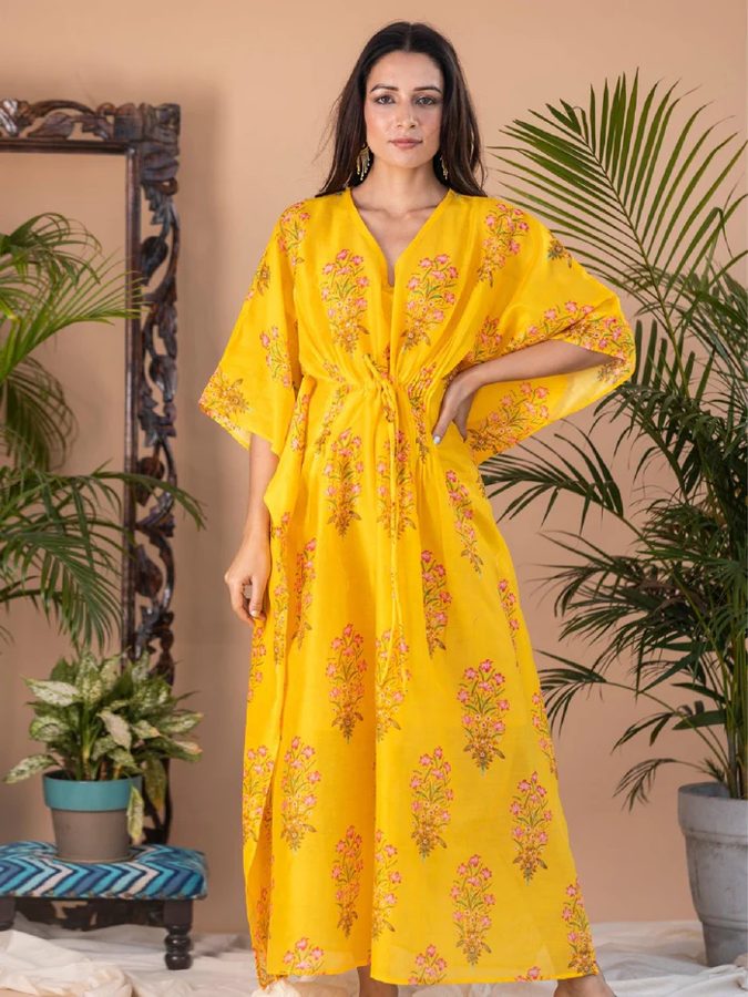 Liba Yellow Block Print Pintuck Kaftan