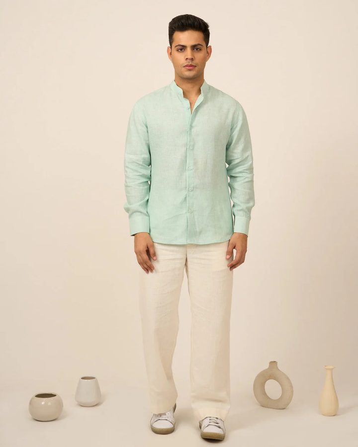 Teal Blue Linen Men's Shirt