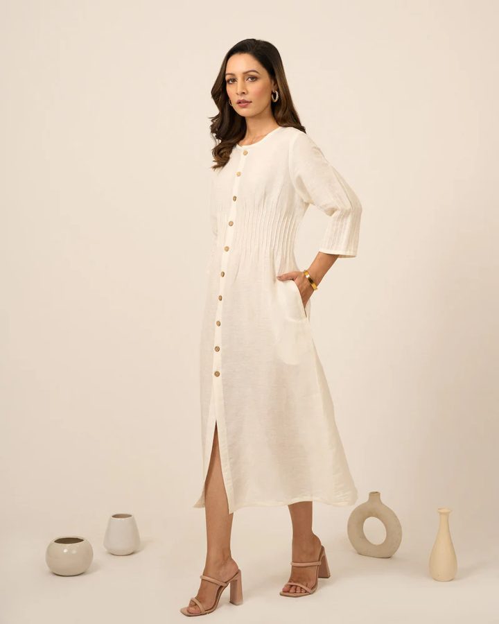 Ivory Linen Midi Dress With Pintucks