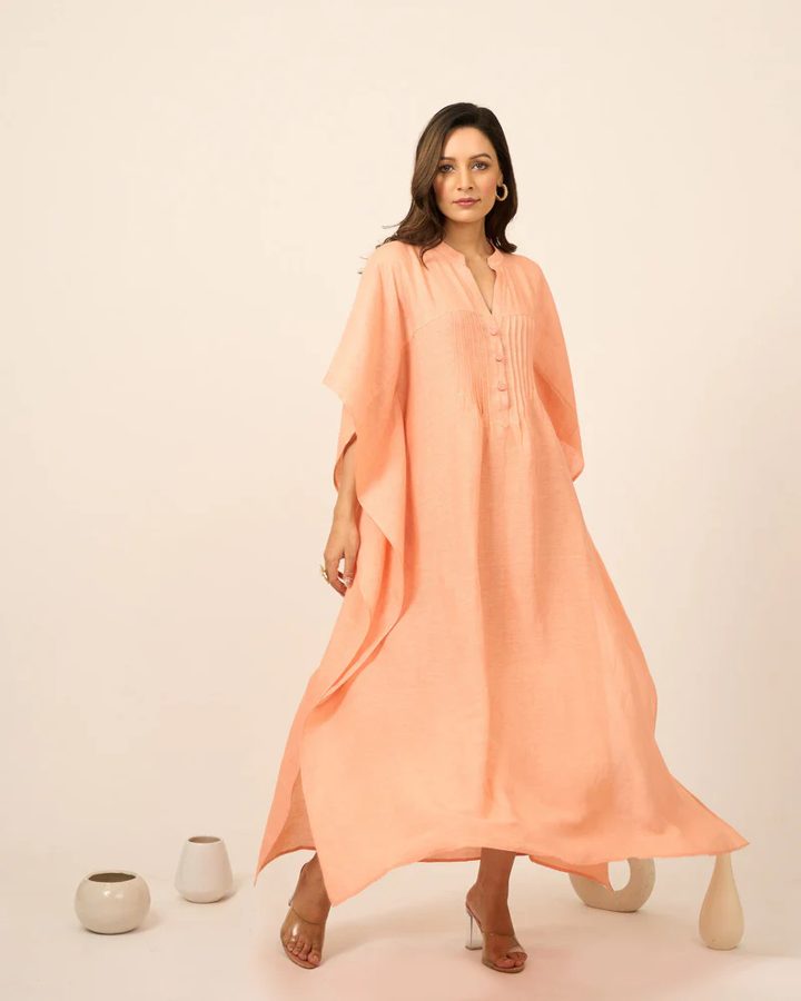 Salmon Pink Linen Kaftan With Pintucks