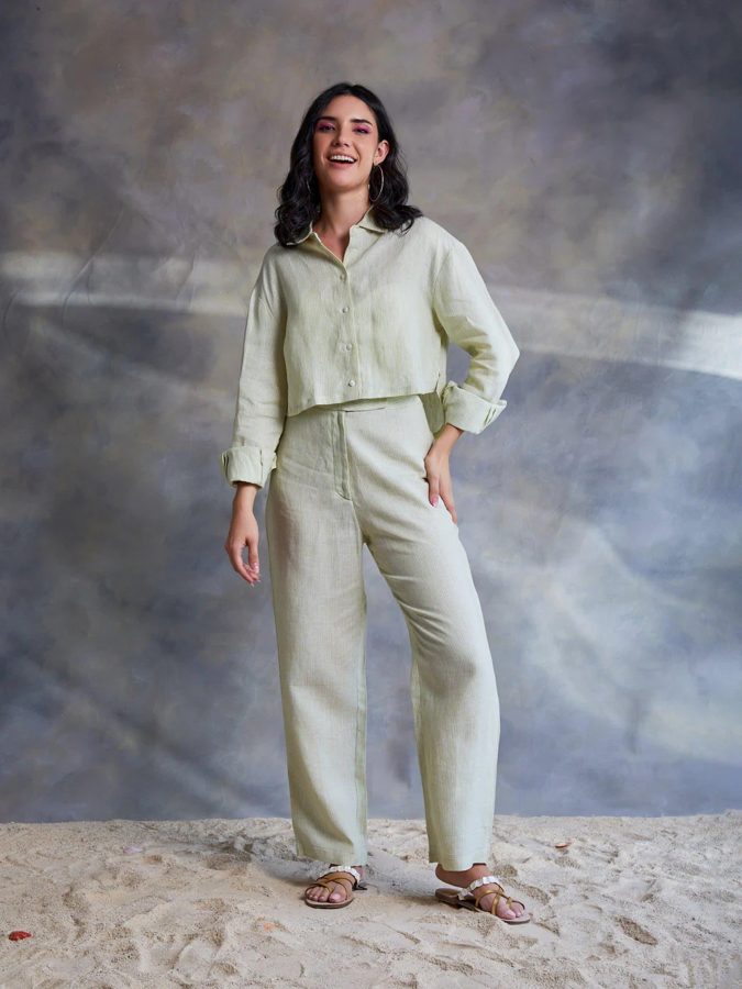 Lime Green Pinstripe Linen Crop Shirt