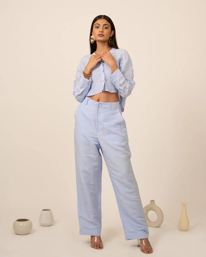 Sky Blue Linen Crop Top Pants Set