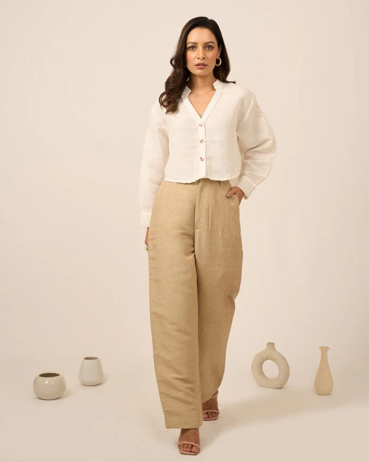 Ivory Linen Crop Top Pants Set