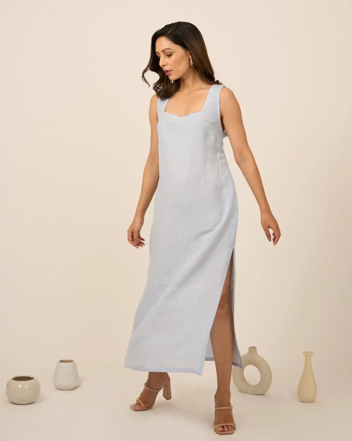 Sky Blue Linen Midi Dress with Side Slit