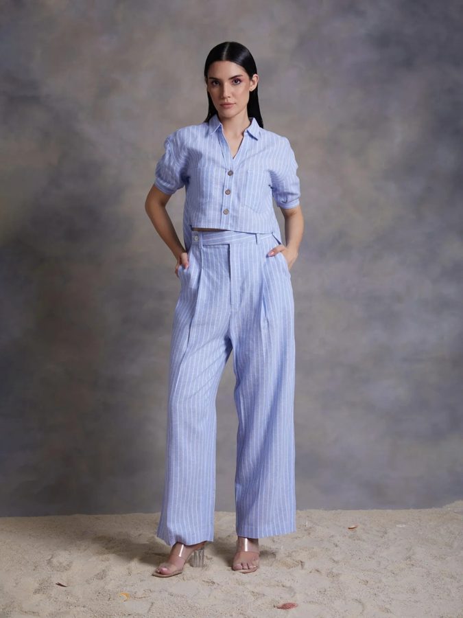 Sky Blue Pinstripe Linen Co-ord Set